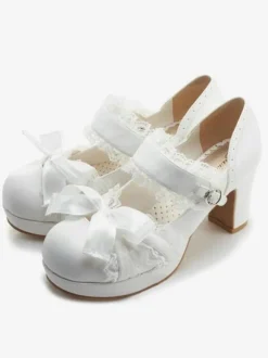 Sweet Lolita Shoes Dark Navy Lace Square Toe Bows Chunky Heel Lolita Pump Shoes