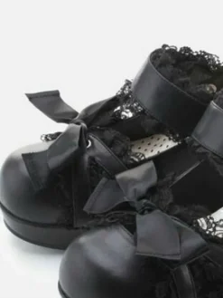 Sweet Lolita Shoes Dark Navy Lace Square Toe Bows Chunky Heel Lolita Pump Shoes