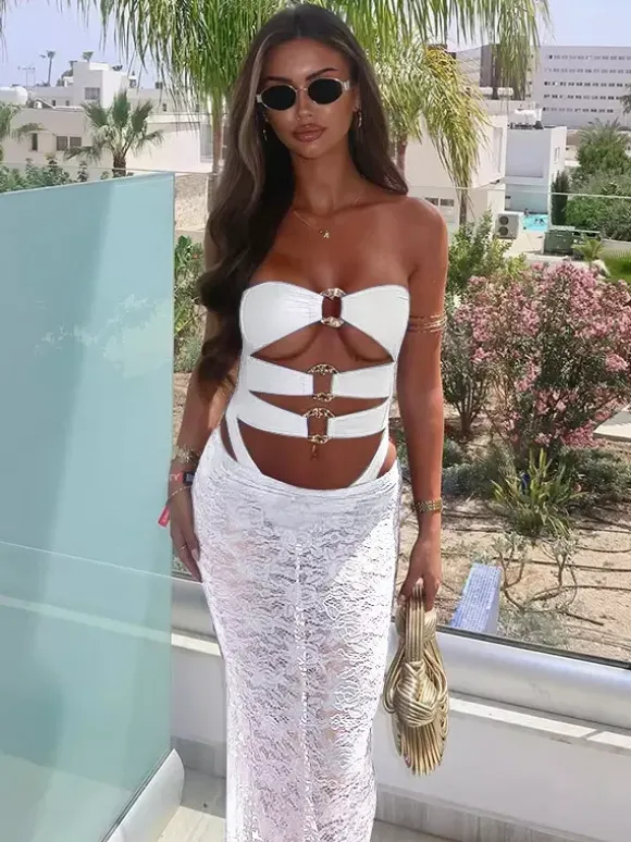 Swimsuit Set Black Sexy Lace Clothes Strapless Sleeveless T-back Long Skirt Bra Sets