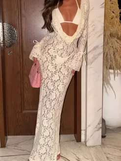 Swimsuit Set Red Sexy Lace Cut Out V-Neck Long Sleeves Cover-Up Bra T-back Sets