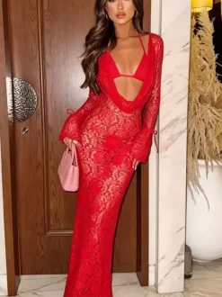 Swimsuit Set Red Sexy Lace Cut Out V-Neck Long Sleeves Cover-Up Bra T-back Sets