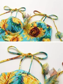 Swimsuits & Cover-Ups Women's Clothing Swimsuit Set Yellow Retro Floral Print Straps Neck