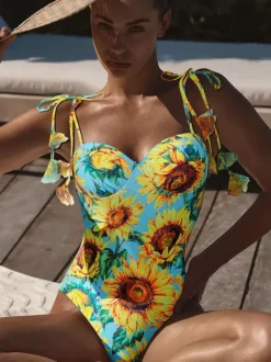 Swimsuits & Cover-Ups Women's Clothing Swimsuit Set Yellow Retro Floral Print Straps Neck
