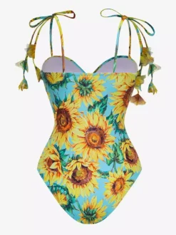 Swimsuits & Cover-Ups Women's Clothing Swimsuit Set Yellow Retro Floral Print Straps Neck