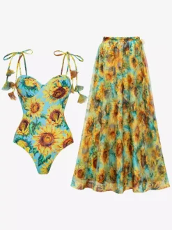 Swimsuits & Cover-Ups Women's Clothing Swimsuit Set Yellow Retro Floral Print Straps Neck