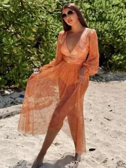 Swimsuits Blue Chic Lace Up V-Neck Long Sleeves Puff Sleeves