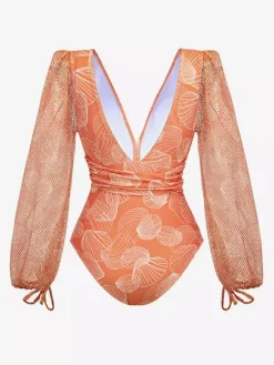 Swimsuits Blue Chic Lace Up V-Neck Long Sleeves Puff Sleeves