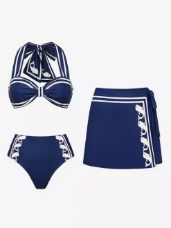 Swimsuits Cover-Ups Blue Sexy Lace Up Backless Two-Tone Swimsuit Set