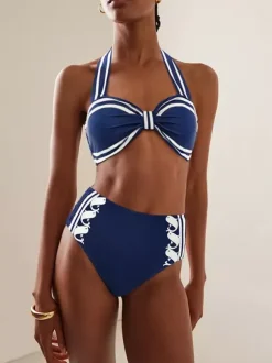 Swimsuits Cover-Ups Blue Sexy Lace Up Backless Two-Tone Swimsuit Set