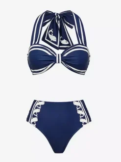 Swimsuits Cover-Ups Blue Sexy Lace Up Backless Two-Tone Swimsuit Set