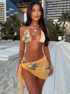 Swimsuits Cover-Ups Brown Sexy Lace Up Backless Floral Print Swimsuit Set