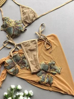 Swimsuits Cover-Ups Brown Sexy Lace Up Backless Floral Print Swimsuit Set