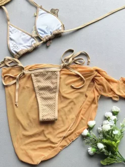 Swimsuits Cover-Ups Brown Sexy Lace Up Backless Floral Print Swimsuit Set
