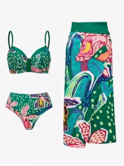 Swimsuits Cover-Ups Green Sexy Lace Up Backless Floral Print Swimsuit Set