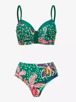 Swimsuits Cover-Ups Green Sexy Lace Up Backless Floral Print Swimsuit Set
