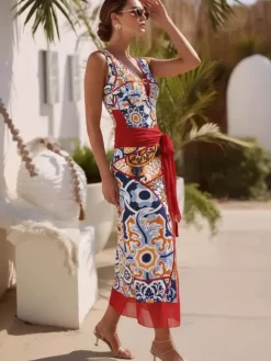 Swimsuits Cover-Ups Set Red Sexy Lace Up Backless Floral Print V-Neck Swimsuit