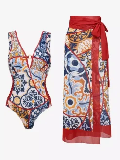 Swimsuits Cover-Ups Set Red Sexy Lace Up Backless Floral Print V-Neck Swimsuit