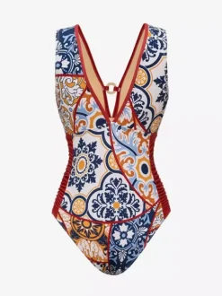 Swimsuits Cover-Ups Set Red Sexy Lace Up Backless Floral Print V-Neck Swimsuit