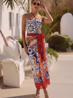 Swimsuits Cover-Ups Set Red Sexy Lace Up Backless Floral Print V-Neck Swimsuit