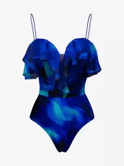 Swimsuits Cover-Ups Swimsuit Set Blue Chic Ruffles Straps Neck