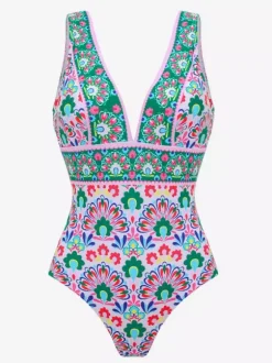 Swimsuits Set Green Sexy Lace Up Backless Printed V-Neck Sleeveless Swimsuit