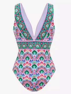 Swimsuits Set Green Sexy Lace Up Backless Printed V-Neck Sleeveless Swimsuit
