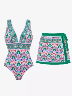 Swimsuits Set Green Sexy Lace Up Backless Printed V-Neck Sleeveless Swimsuit