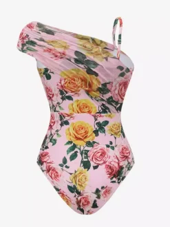 Swimsuits Set Pink Sexy Asymmetrical Floral Print Asymmetrical Neck
