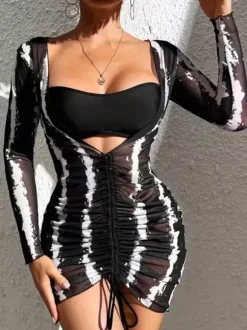 Swimsuits Cover-Ups Black Sexy Drawstring Two-Tone Sleeveless Swimsuit Set