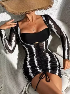 Swimsuits Cover-Ups Black Sexy Drawstring Two-Tone Sleeveless Swimsuit Set
