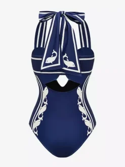 Swimsuits Cover-Ups Blue Sexy Lace Up Backless Two-Tone Halter Swimsuit Set