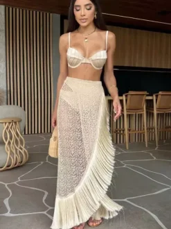 Swimsuits Cover-Ups Set Apricot Chic Ruffles Straps Neck Sleeveless Set