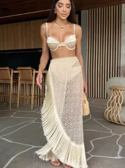 Swimsuits Cover-Ups Set Apricot Chic Ruffles Straps Neck Sleeveless Set