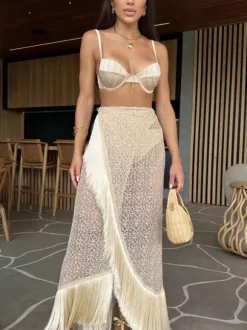 Swimsuits Cover-Ups Set Apricot Chic Ruffles Straps Neck Sleeveless Set