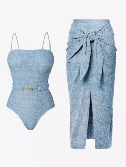 Swimsuits Cover-Ups Set Blue Sexy Lace Up Backless Halter Summer Swimsuit
