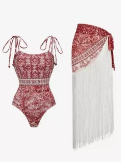 Swimsuits Cover-Ups Set Red Sexy Lace Up Backless Floral Print Straps Neck Swimsuit