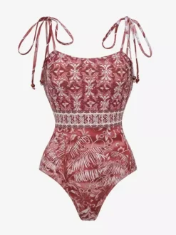 Swimsuits Cover-Ups Set Red Sexy Lace Up Backless Floral Print Straps Neck Swimsuit