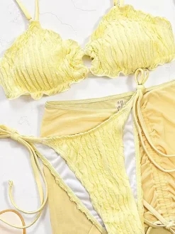 Swimsuits & Cover-Ups Women's Clothing Swimsuit Set Yellow Sexy Lace Up Backless Straps Neck