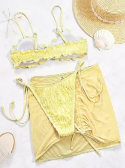 Swimsuits & Cover-Ups Women's Clothing Swimsuit Set Yellow Sexy Lace Up Backless Straps Neck