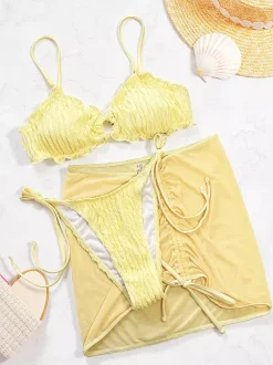 Swimsuits & Cover-Ups Women's Clothing Swimsuit Set Yellow Sexy Lace Up Backless Straps Neck
