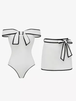 Swimsuits & Cover-Ups Women's Clothing Swimsuit Set White Chic Bows Off-The-Shoulder Sleeveless