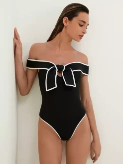 Swimsuits & Cover-Ups Women's Clothing Swimsuit Set White Chic Bows Off-The-Shoulder Sleeveless