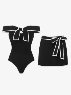 Swimsuits & Cover-Ups Women's Clothing Swimsuit Set White Chic Bows Off-The-Shoulder Sleeveless