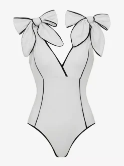 Swimsuits & Cover-Ups Women's Clothing Swimsuit Set White Sexy Bows V-Neck Sleeveless