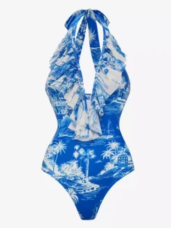 Swimsuit Set Blue Retro Ruffles Asymmetrical Halter
