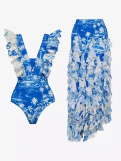 Swimsuit Set Blue Sexy Ruffles Asymmetrical