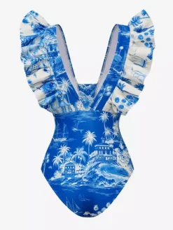 Swimsuit Set Blue Sexy Ruffles Asymmetrical