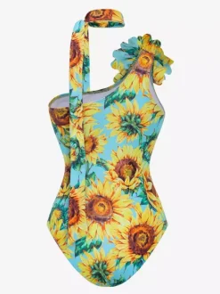 Swimsuit Set Yellow Sexy Asymmetrical Floral Print Asymmetrical Neck