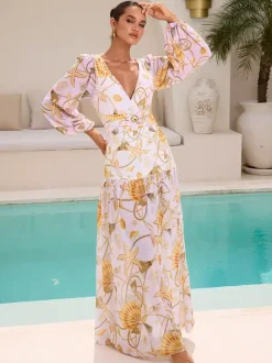 Swimsuits Set Yellow Sexy Draped V-Neck Long Sleeves Puff Sleeves