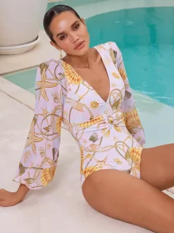 Swimsuits Set Yellow Sexy Draped V-Neck Long Sleeves Puff Sleeves